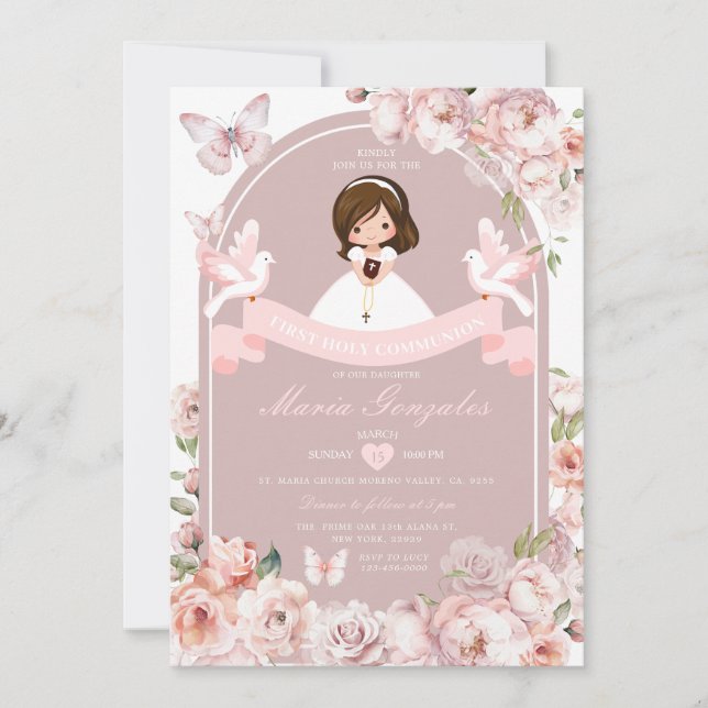 Niedliche Girl Bibel Erste Heilige Kommunion Rosa  Einladung (Vorderseite)