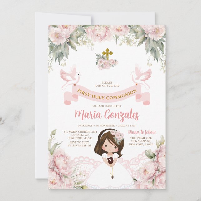 Niedliche Girl Bibel Erste Heilige Kommunion Rosa  Einladung (Vorderseite)