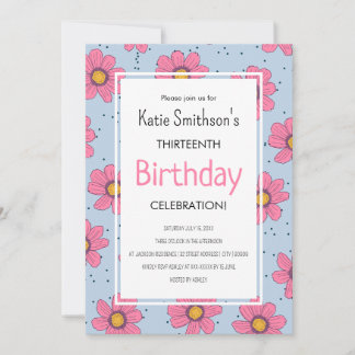 Niedliche Girl-Blume Pastel Pink & Blue Geburtstag Einladung