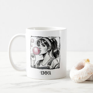 Niedliche Girl & Bubble, Comic Schwarz & Weiß, Fun Kaffeetasse