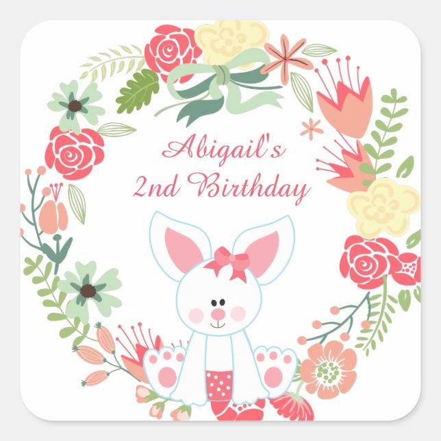 Niedliche Girl Bunny und Hübsche Blume Wreath Gebu Quadratischer Aufkleber (Vorderseite)