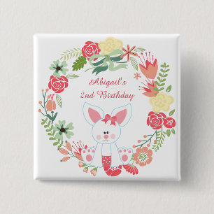 Niedliche Girl Bunny und Wreath Birthday Button