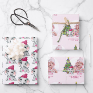 Niedliche Girl Elephant Foto Name Weihnachten Rosa Geschenkpapier Set