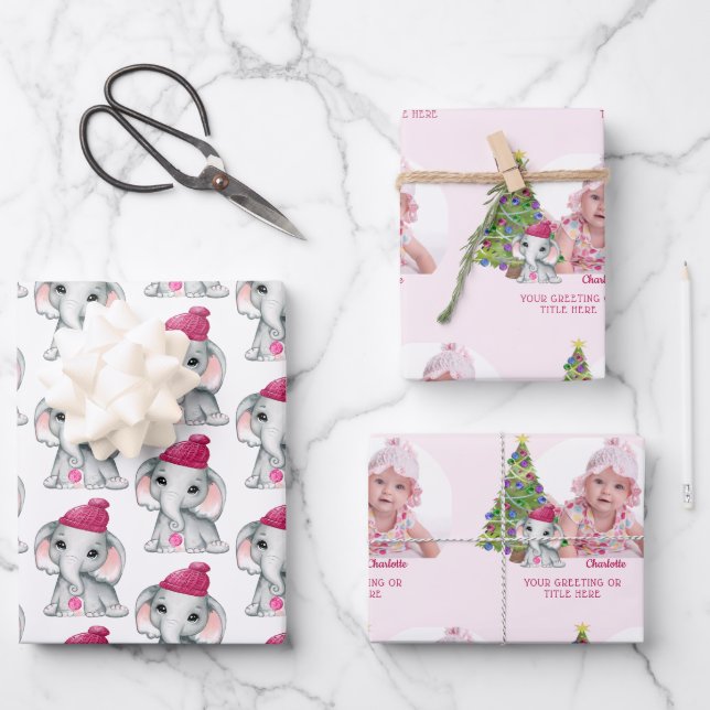 Niedliche Girl Elephant Foto Name Weihnachten Rosa Geschenkpapier Set (Vorderseite)