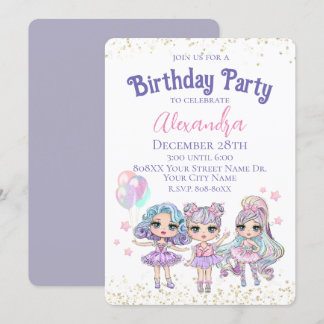 Niedliche Girl Glitzer Dolls Geburtstagsparty Einladung