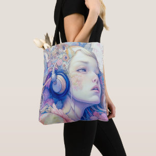 Niedliche Girl mit Headphone Music Moderne Kunst Tasche