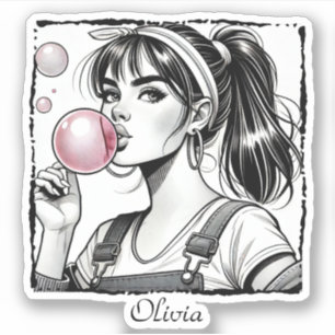 Niedliche Girl Pink Blase, Comic Spaß, Schwarz & W Aufkleber