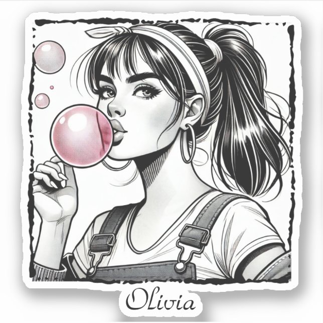 Niedliche Girl Pink Blase, Comic Spaß, Schwarz & W Aufkleber (Vorderseite)