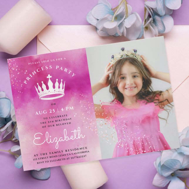 Niedliche Girl Princess Crown Pink Foto Wasserfarb Einladung (Von Creator hochgeladen)