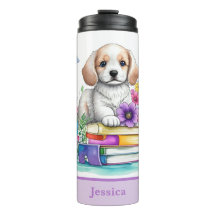 Niedliche Girl Puppy Books & Spring Flowers