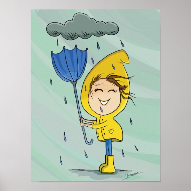 Niedliche Girl Rainy Windy Day Grafik Poster (Vorne)