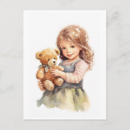 Niedliche Girl Teddy Bear Aquarellmalerei Postkarte