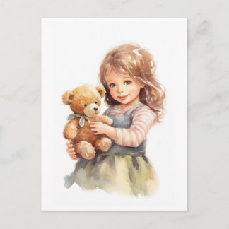 Niedliche Girl Teddy Bear Aquarellmalerei Postkarte