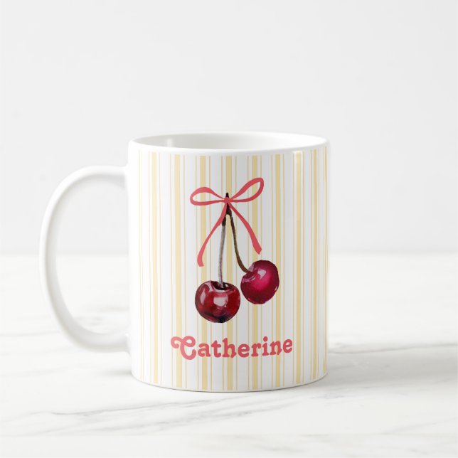 Niedliche Girl Watercolor Cherry Bow mit Namen Kaffeetasse (Links)