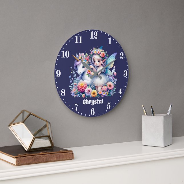 Niedliche Girls Fantasie Einhornmärchen geben Name Große Wanduhr (Büro)