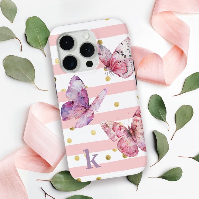 Niedliche Girl's Pink Stripes Dots and Butterflies Case-Mate iPhone Hülle (Personalize with your monogram initial.)