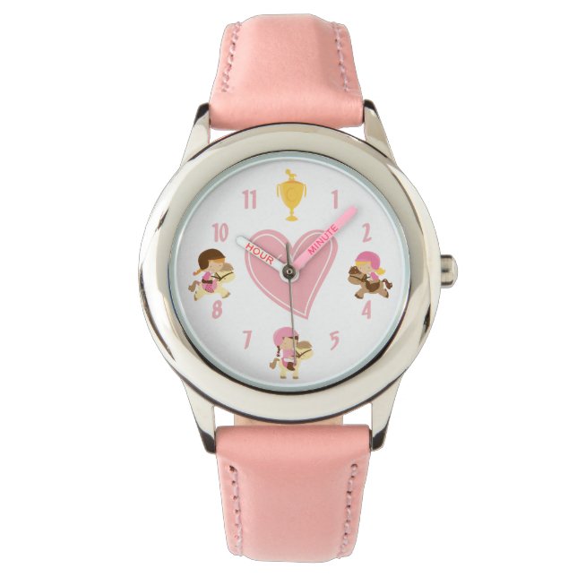 Niedliche Girls reiten Ponys und rosa Herzpferd Armbanduhr (Vorderseite)