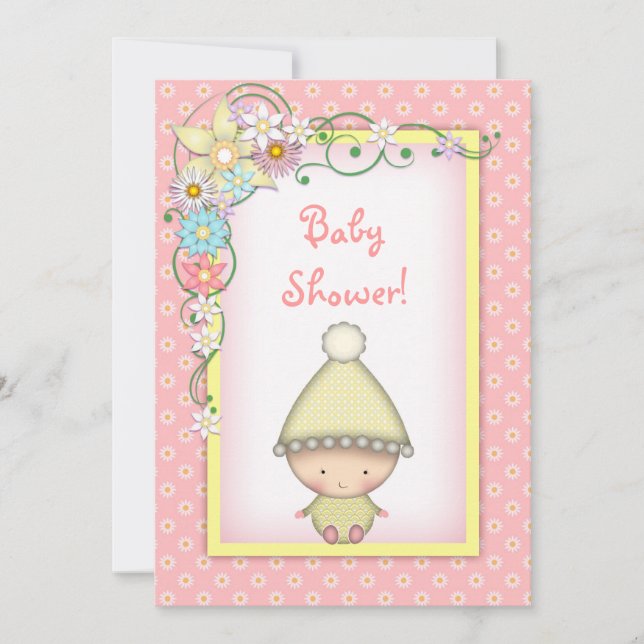 Niedliche Girls Rosa und Gelbe Frühlingsdusche Einladung (Vorderseite)