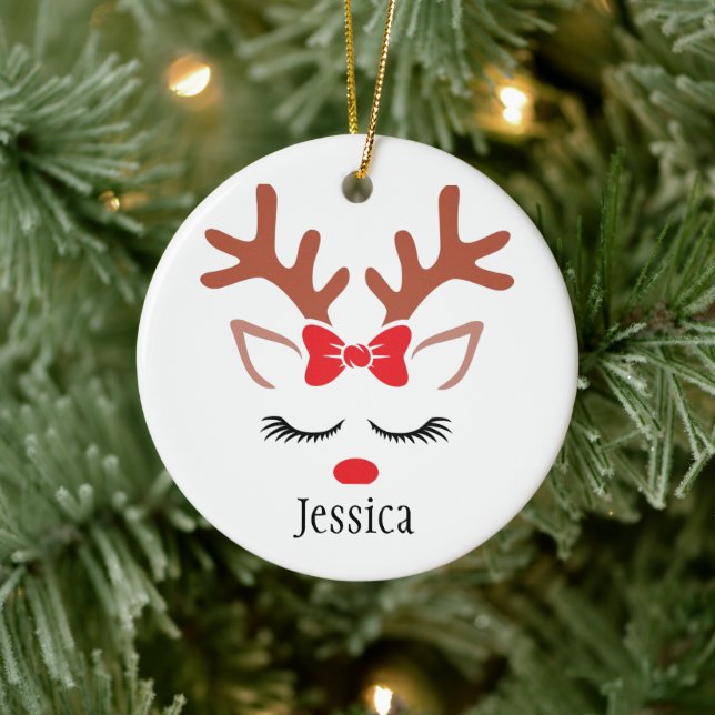Niedliche Girls Weihnachten Rentierrote Nasenlöche Keramik Ornament (Baum)