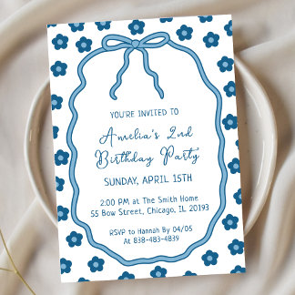 Niedliche Girly Blue Blumen und Bow Birthday Party Einladung