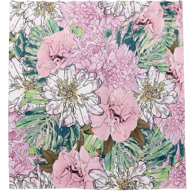 Niedliche Girly Blush Pink & White Floral Illustra Duschvorhang (Vorderseite)