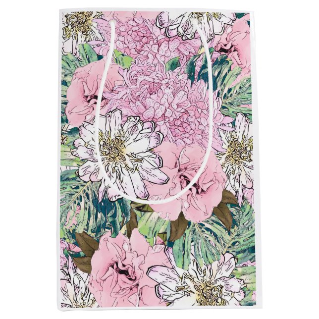 Niedliche Girly Blush Pink & White Floral Illustra Mittlere Geschenktüte (Vorderseite)