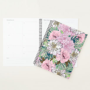 Niedliche Girly Blush Pink & White Floral Illustra Planer