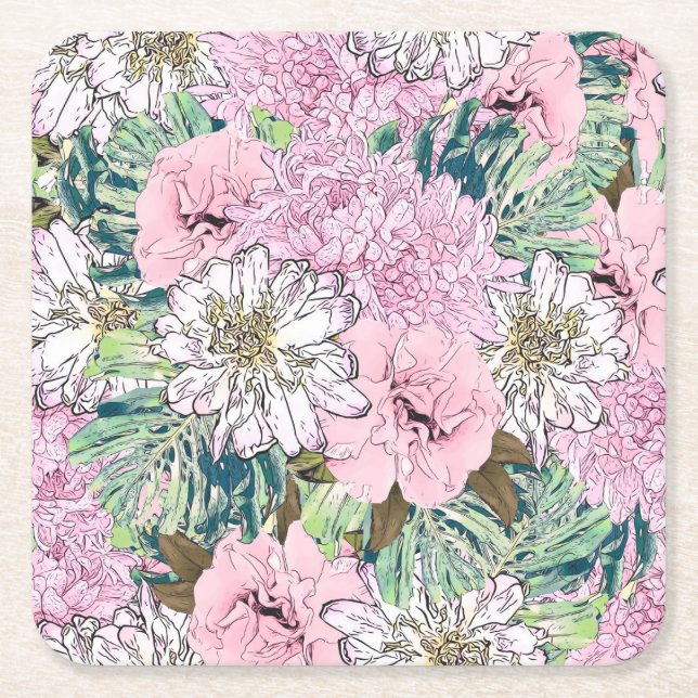 Niedliche Girly Blush Pink & White Floral Illustra Rechteckiger Pappuntersetzer (Vorderseite)