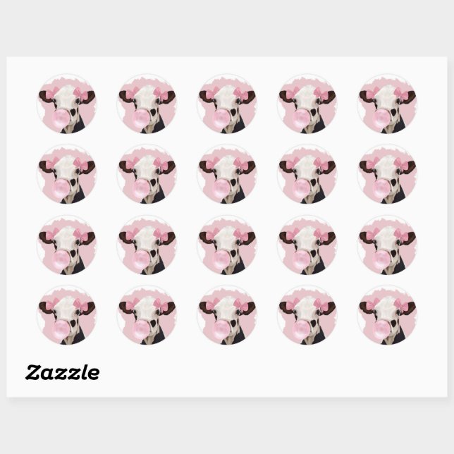 Niedliche Girly Cow Bubblegum Runder Aufkleber (Blatt)