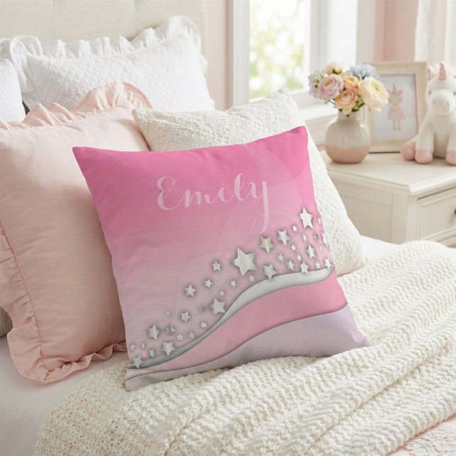 Niedliche Girly Dreamy Silver Stars auf Rosa Name Kissen (Von Creator hochgeladen)