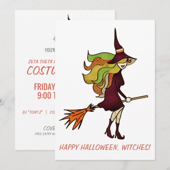 Niedliche Girly Happy Halloween Hexen Hexenkostüm Einladung (Vorne/Hinten)