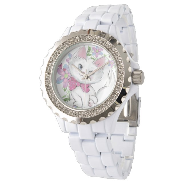 Niedliche Girly Kitten mit Blume Armbanduhr (Schrägansicht)