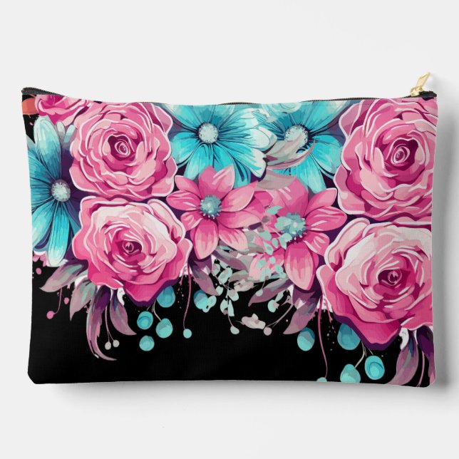 Niedliche Girly Pink & Aquamarine Blumen Make-up B Zubehörtasche (Rückseite)