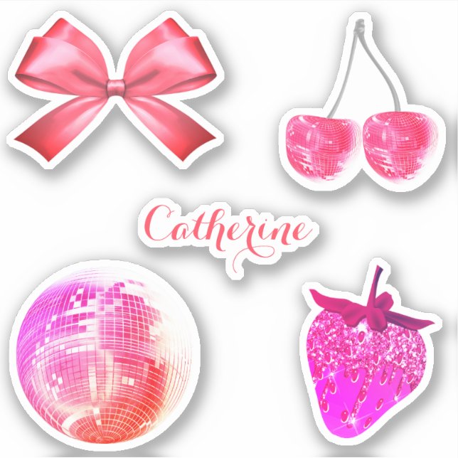 Niedliche Girly Pink Ästhetik Bow Cherry mit Namen Aufkleber (Vorderseite)