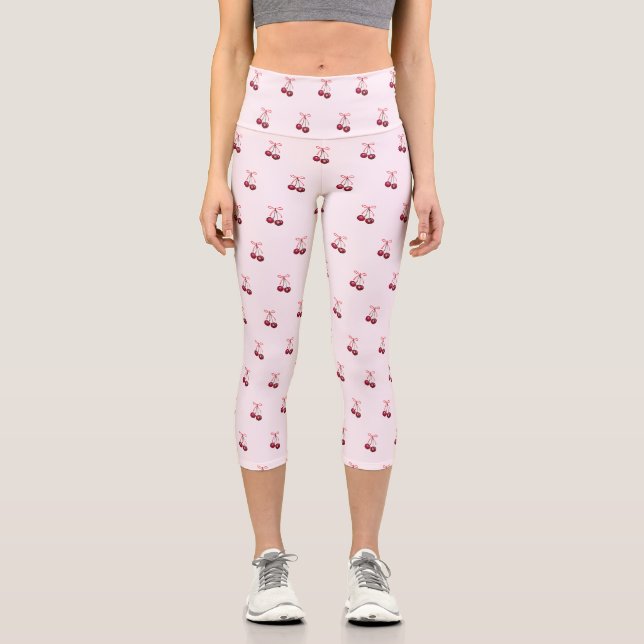 Niedliche Girly Pink Bows und Cherries Capri Leggings (Vorderseite)
