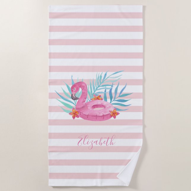 Niedliche Girly Pink Flamingo, Palm-Blätter, Strei Strandtuch (Vorderseite)