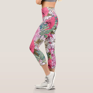Niedliche Girly Pink & Green Floral Illustration Capri Leggings
