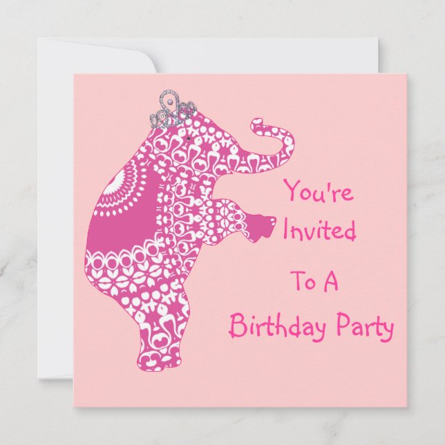 Niedliche Girly Pink Princess Elephant Party Einla Einladung (Vorderseite)