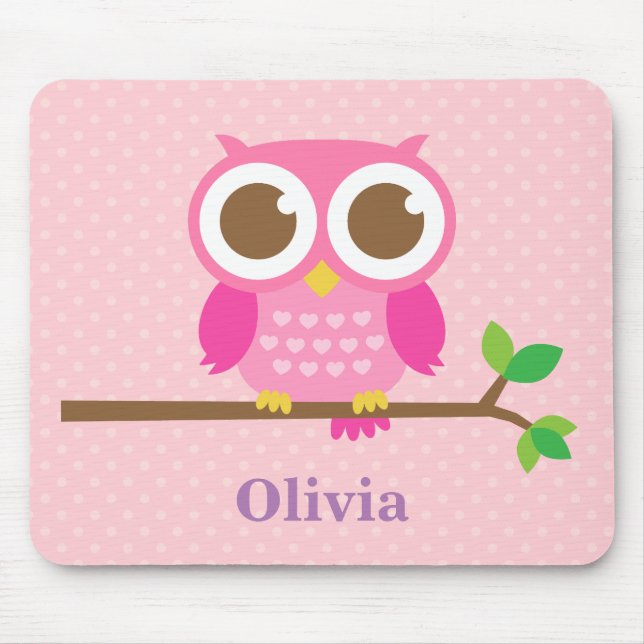 Niedliche Girly rosa Eule auf Niederlassung für Mousepad (Vorne)