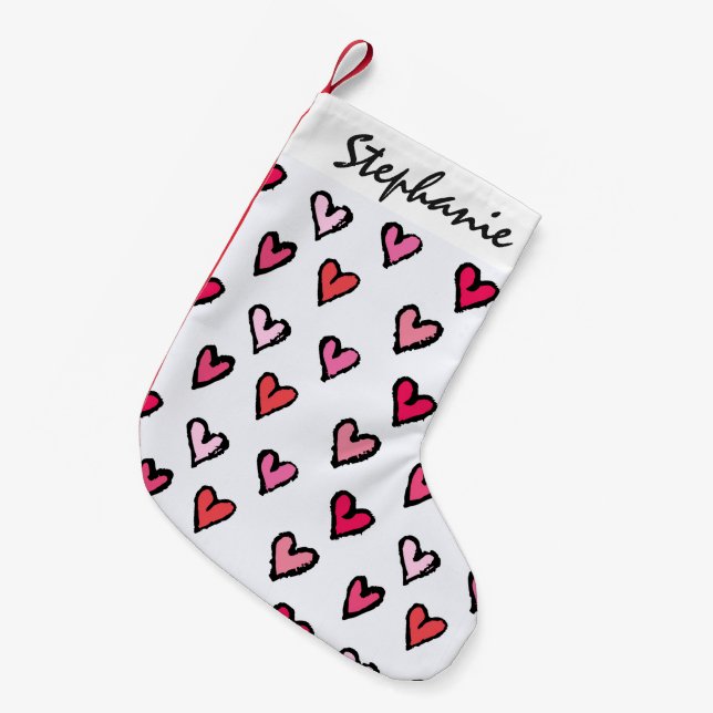 Niedliche Girly rosa Hand gezeichnete Herzen auf Kleiner Weihnachtsstrumpf (Vorderansicht (hängend))