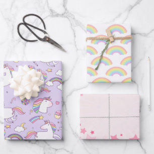 Niedliche Girly Unicorn Regenbogenstars Geschenkpapier Set
