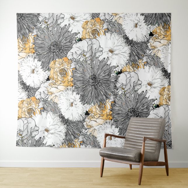Niedliche Girly Yellow & GraublütenIllustration Wandteppich (Beispiel (Horizontal))