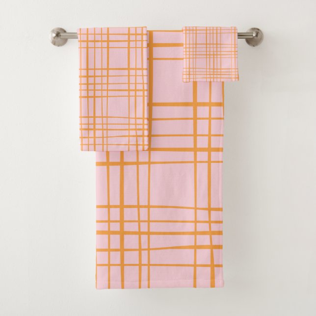 Niedliche Gitterlinien Muster Pastellrosa und Oran Badhandtuch Set (Insitu)