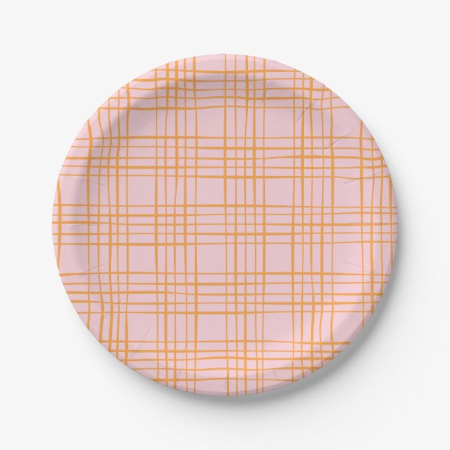 Niedliche Gitterlinien Muster Pastellrosa und Oran Pappteller (Vorderseite)
