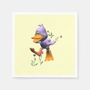 Niedliche glückliche Cartoon-Ente, die durch Blume Serviette