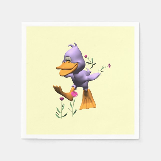 Niedliche glückliche Cartoon-Ente, die durch Blume Serviette (Vorderseite)