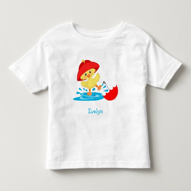 Niedliche glückliche Ente in Regen mit Vorname Kleinkind T-shirt (Vorderseite)