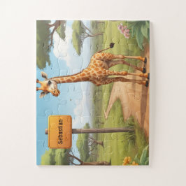 Niedliche glückliche Giraffe in Savanne mit Namen