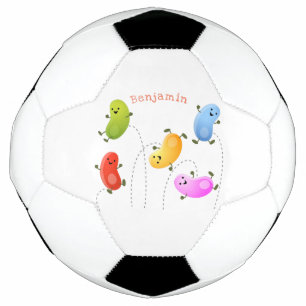 Niedliche glückliche Jellybohnen springende Cartoo Fußball
