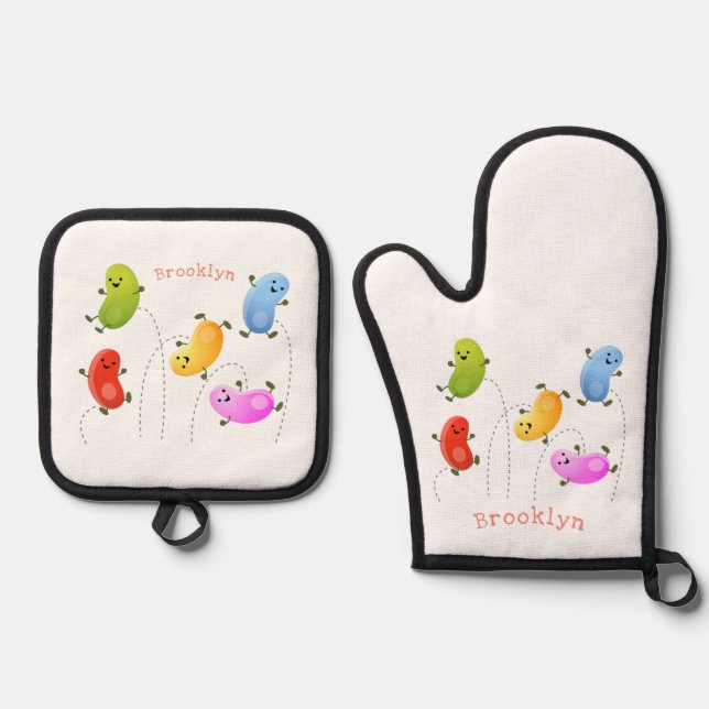 Niedliche glückliche Jellybohnen springende Cartoo Ofenhandschuh & Topflappen-Set (Vorderseite)